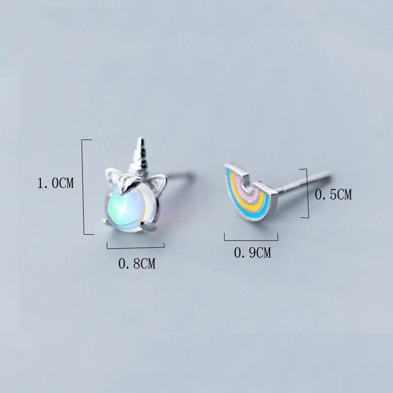 Аутентичные 925 пробы серебряные серьги крошечные 0.8x1ccm Асимметричный единорог Радуга индивидуальные серьги-клипсы для женщин девушки ювелирные изделия