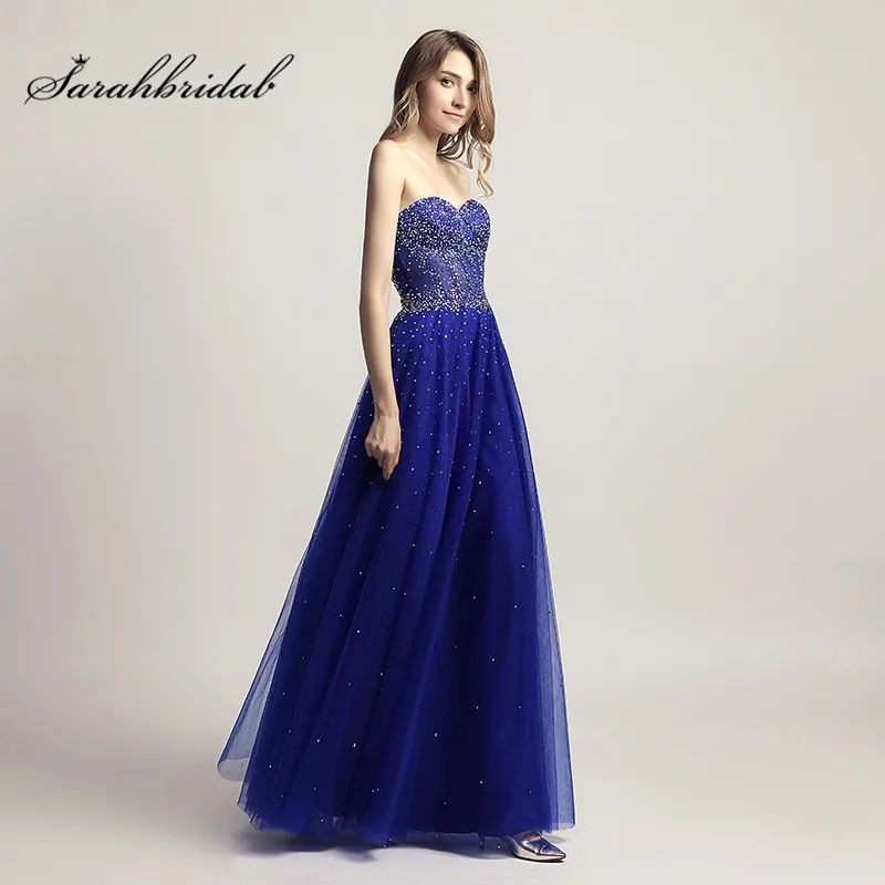 

Stunning Modern Long Evening Dresses With Zipper Back Strapless Sleeveless Sexy Prom Gowns Floor Length Beaded Tulle CC464