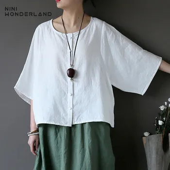 

NINI WONDERLAND 2020 Vintage Shirt Wome Summer Solid Linen Shirt Female Casual Retro Clothes Tops Blouse White Cardigan Big Size