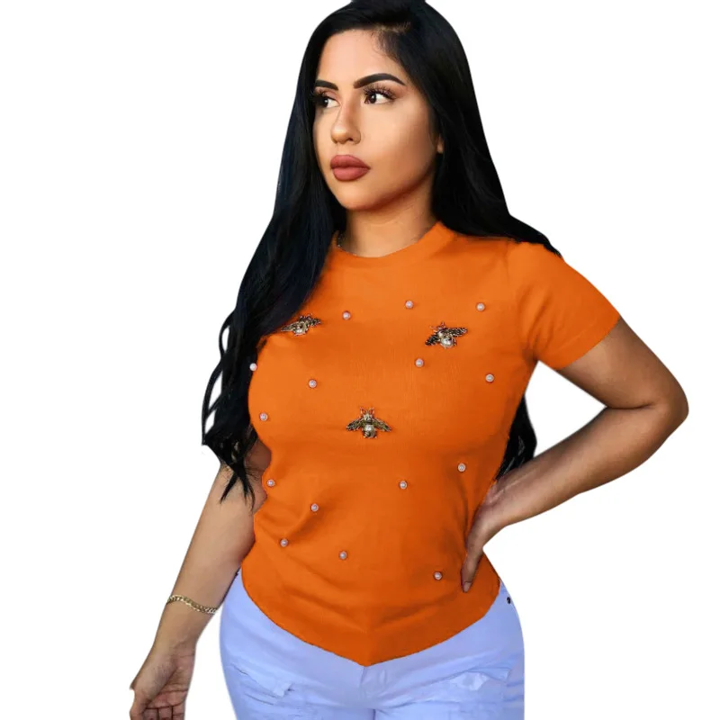 

Women Solid Short Sleeve Pearl Beading T-shirt Ladies Casual Tops Butterfly Round Neck Summer Basic T Shirt Plus Size