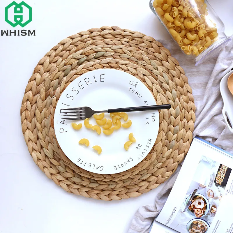 WHISM Rattan Placemats Straw Cup Coasters Dining Table Mat Heat Insulation Pot Holder Wicker Drink Coaster Kitchen Accessories