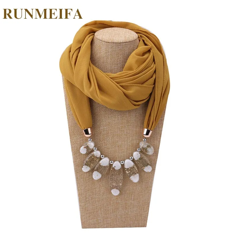 

[RUNMEIFA] HOT Decorative Scarf Women Solid Color Chiffon Necklace Resin Beads Pendant Scarf New Style Muslim Head Scarves Hijab