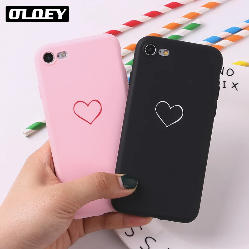 

For iPhone 11 Pro 6 6S 8 8Plus X 7 7Plus XS Max Soft Silicone Matte Case Fundas Coque Cover Couple Love Heart Simple Cute Pink
