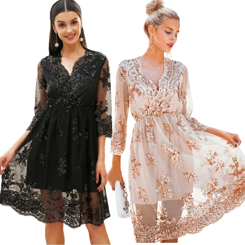 

Three Quarter Sleeves Sequined Women Dresses Elegant Sexy V Neck Dress Brief Solid Color Causal Bling Bling Dresses 2018 New