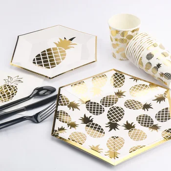 

RiscaWin Gold Foil Pineapple Disposable Tableware Party Paper Plates/Cups Wedding Birthday Party Decoration Adult Party Supplies