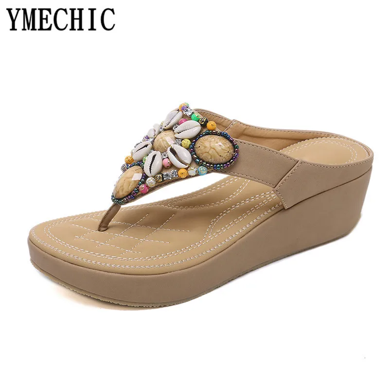 Женские пляжные шлепанцы YMECHIC на танкетке повседневные с кристаллами и бусинами