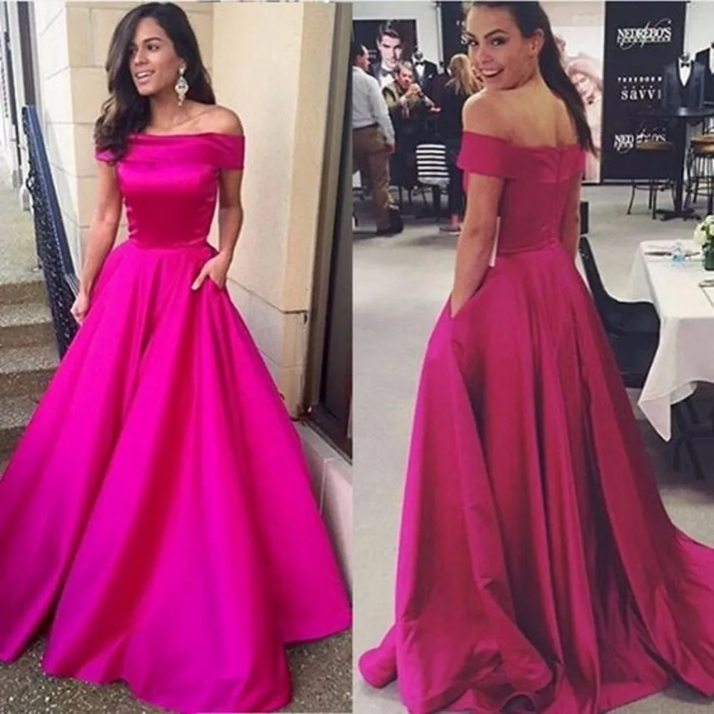

Vestido De Festa 2019 Rose Color New Style Boat Neck evening dresses Ball Gown Satin Evening Dresses 2019 Sexy Prom dresses