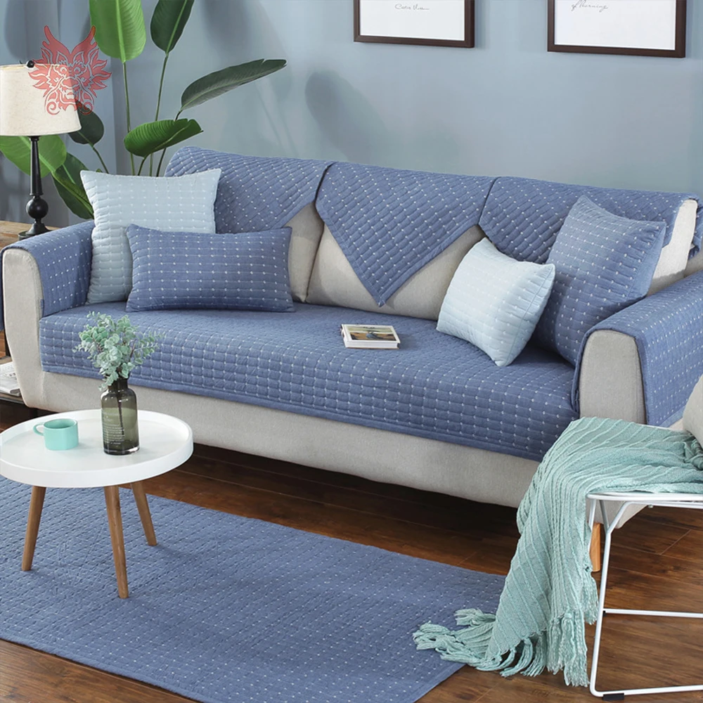 Modern style khaki grey plaid quilted sofa cover cotton cama slipcovers