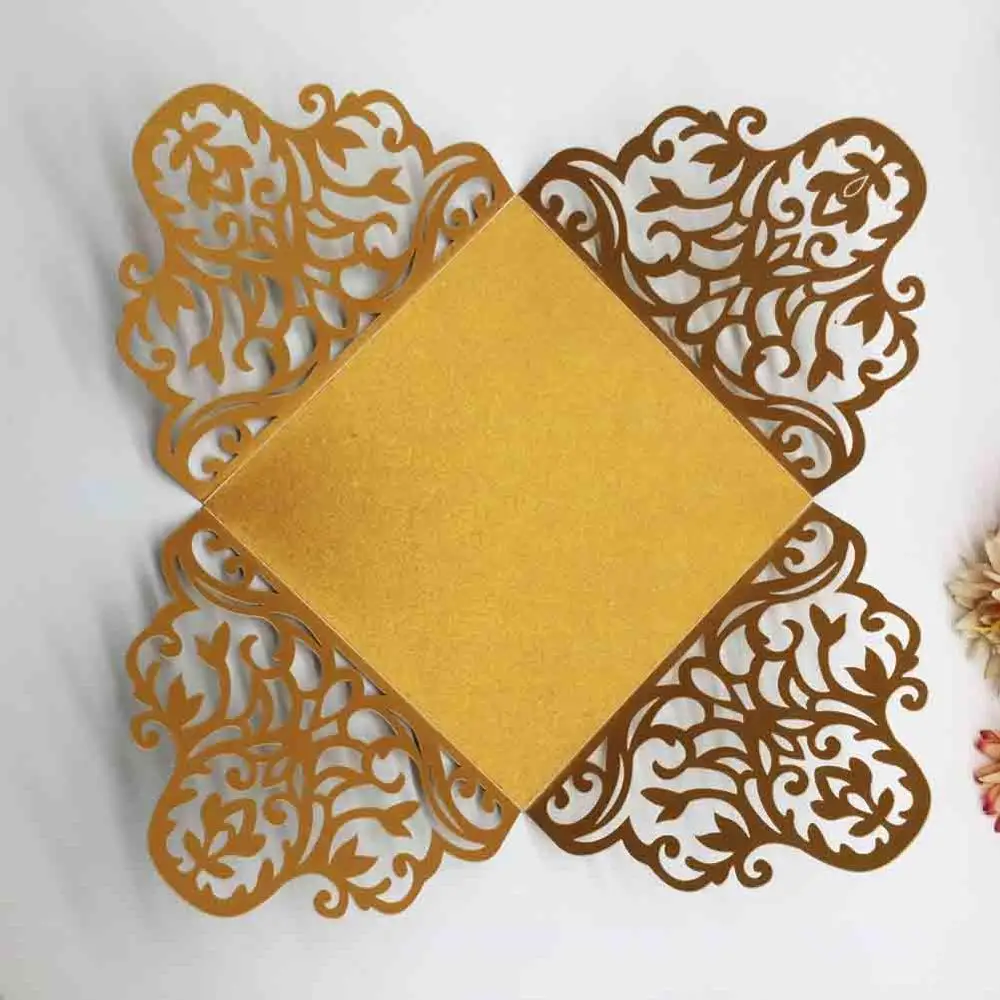 40Pcs Laser Cut Four Folded Gold wedding Invitations Cards Birthday Greeting Card unique Invite Carnival Decoration Supplies