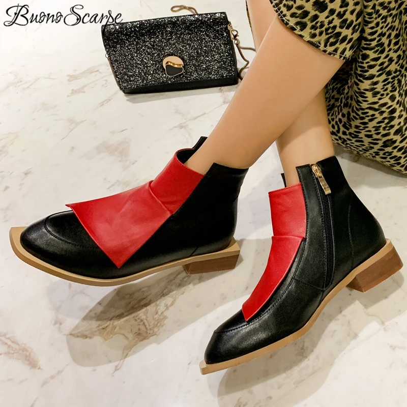 Buono Scarpe/женские ботильоны в стиле пэчворк из натуральной кожи; Botas Mujer; полуботинки разных цветов на среднем каблуке; повседневная обувь; Botas Fenimina;