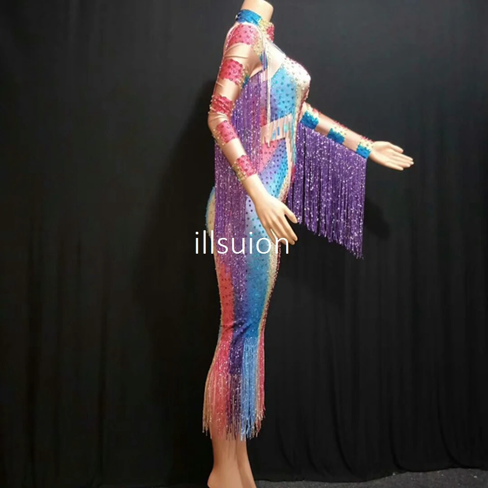 Модное разноцветное платье с бахромой, стразы, женское вечернее платье, элегантное платье для вечеринок, с блестками, с кисточками, танцевальный костюм, облегающее платье