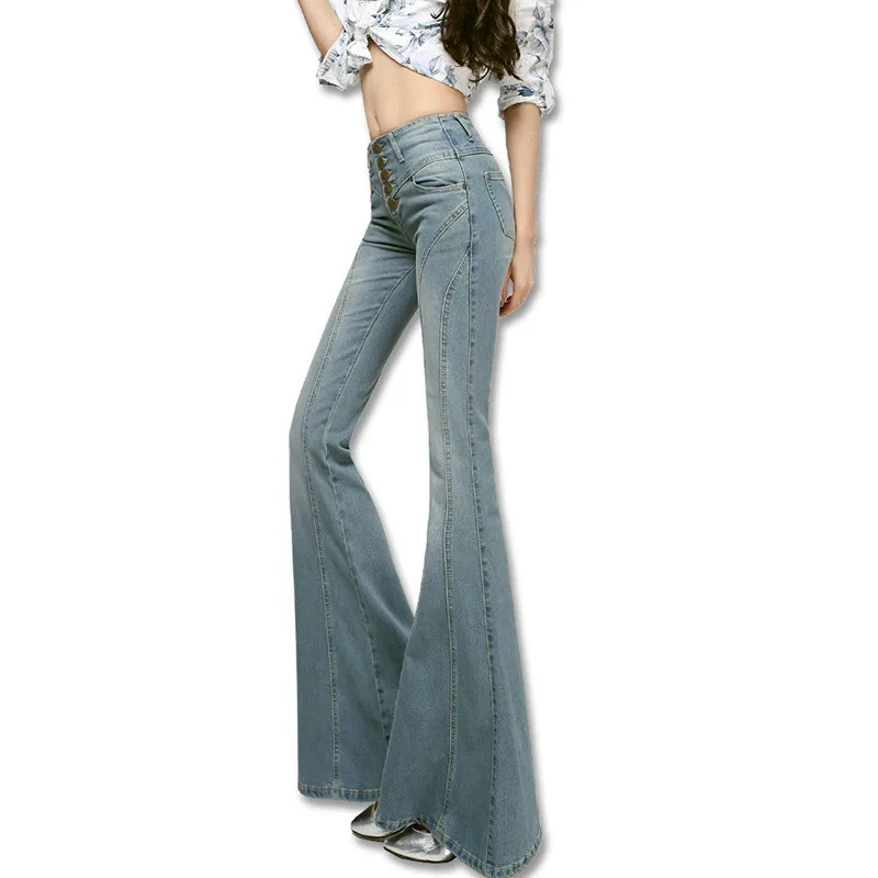 Модные женские джинсы с высокой талией, женские брюки с колокольчиком, брюки, джинсовые штаны, винтажные широкие расклешенные джинсы - Цвет: Небесно-голубой
