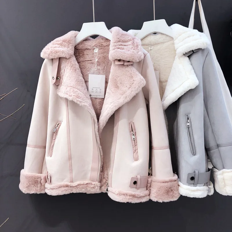 

Women Winter Suede Jacket thicken warm Motorcycle Leather Coat Female ladies short loose Locomotive jacket coats Streetwear