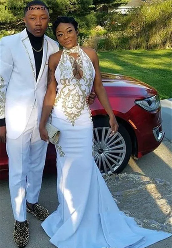 Hot Sell White Prom Dresses 2019 Black Girls Sexy Halter Keyhole Neck Gold Applique Stretchy Long Evening Gowns bc0982  129 (6)