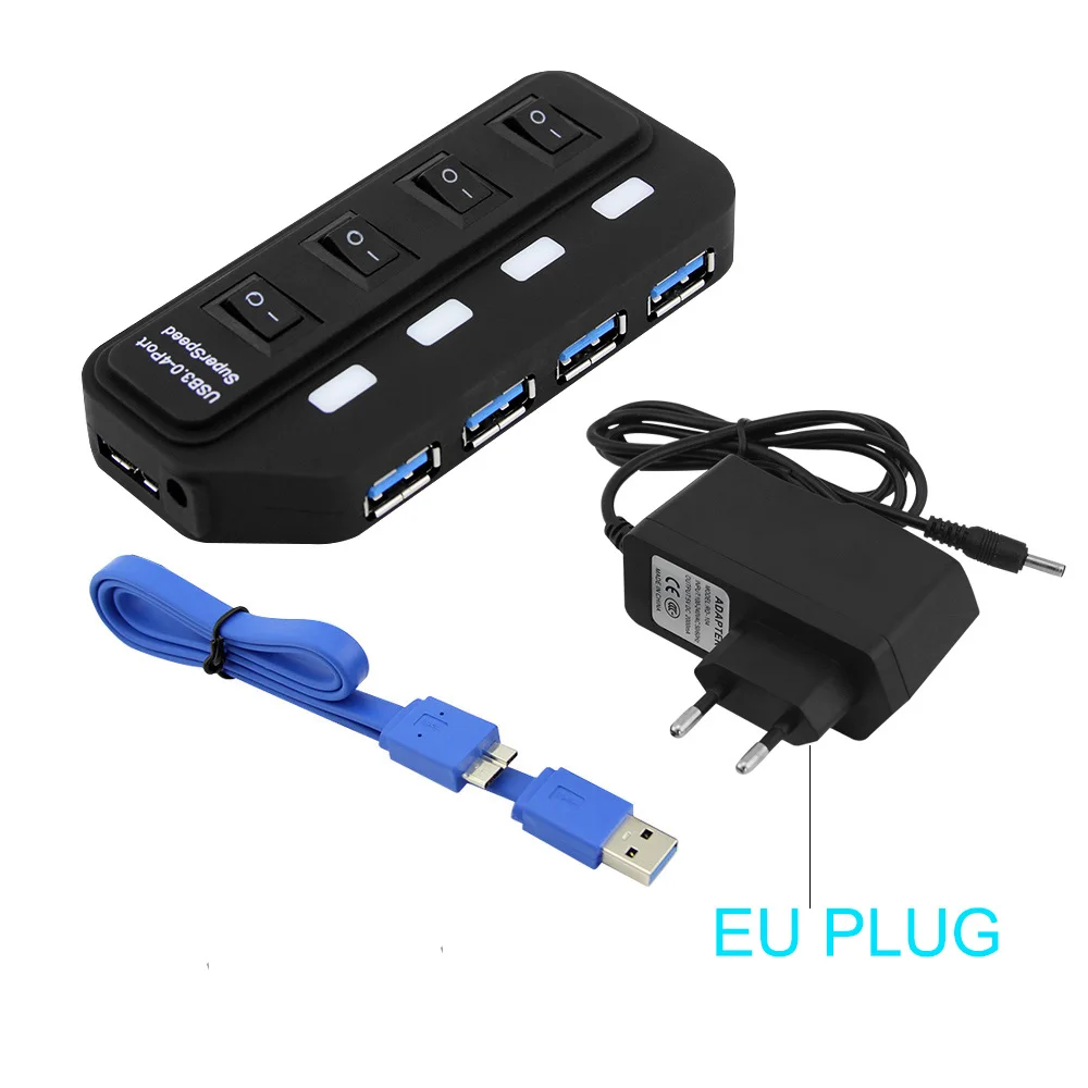 4-Порты и разъёмы USB Hub 3,0 High Скорость 5 Гбит концентратор USB 3,0 с коммутатором светодиодный многопортовый usb-адаптер для портативных ПК США/ЕС Мощность дополнительного адаптера