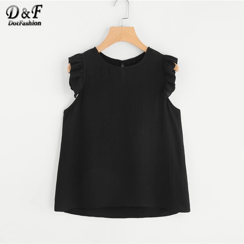

Dotfashion Frilled Armhole Button Closure Back Shell Black Top 2019 Summer Round Neck Sleeveless Ruffle Blouse Women Casual Top