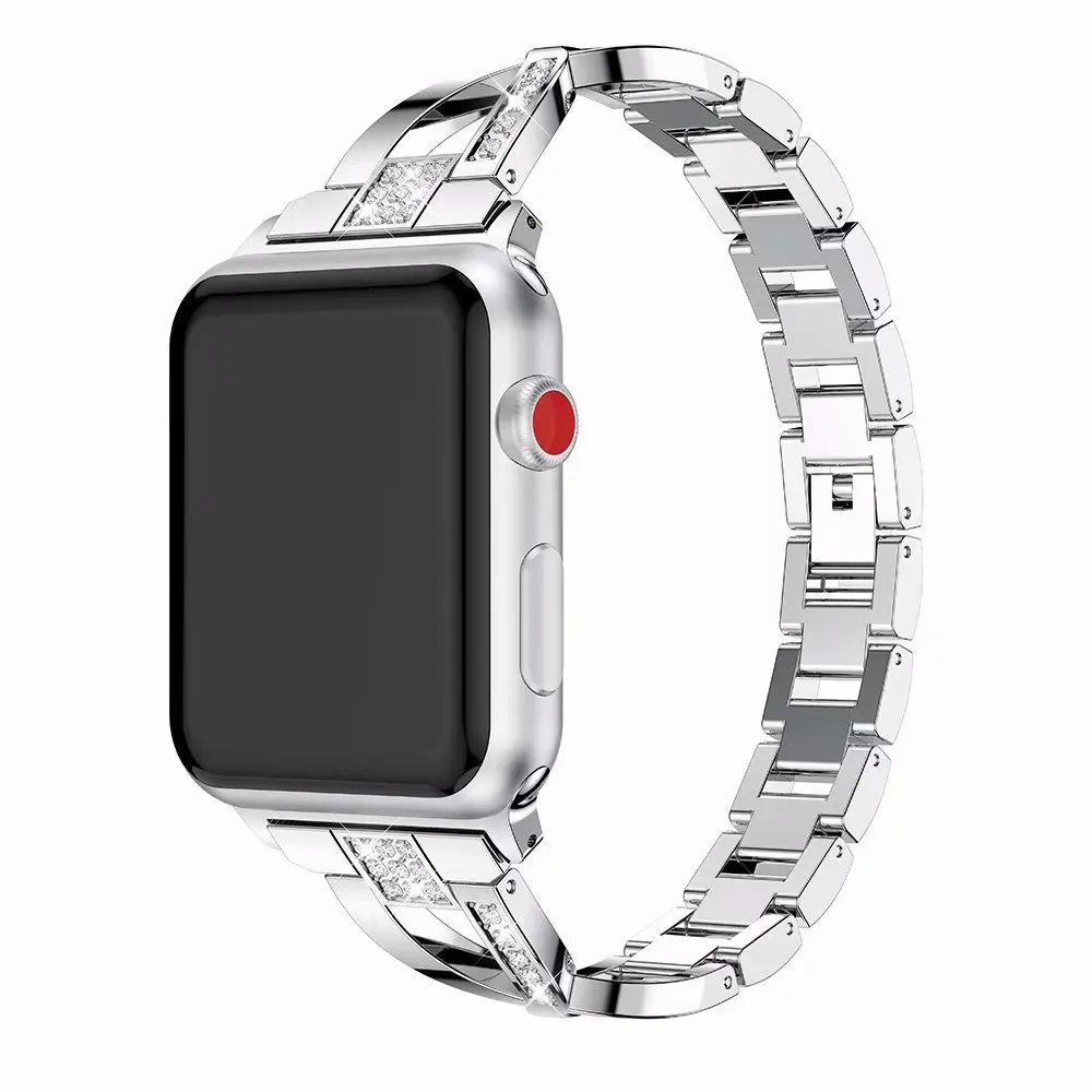 Бриллиантами браслет для наручных часов из нержавеющей стали для Apple Watch Смарт i-Watch 38/40/42/44 мм металлический ремешок полос 4G розово-Золотой Серебряный наручный браслет