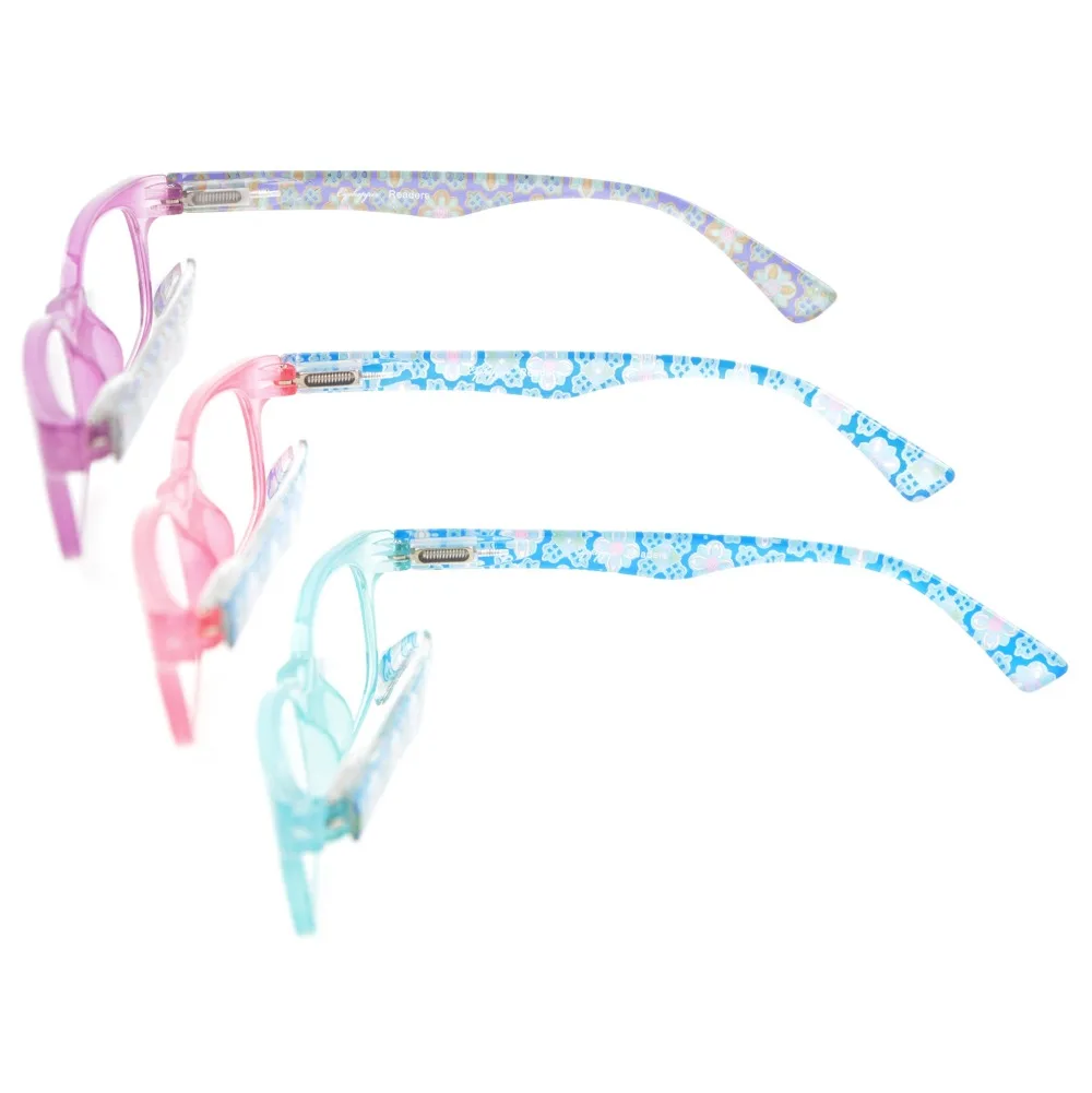 3PKR029 очки для чтения 3 шт. в упаковке с фиолетовым, розовым, синим стилем, с прозрачным видением, удобные весенние дужки, включая ткань для футляра