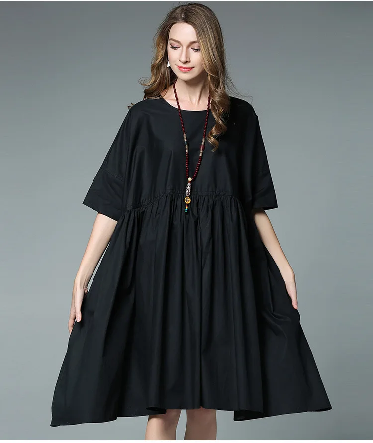 Летние новые женские черные и белые вечерние элегантные платья хлопок половина свободные морщинки стиль платье - Цвет: black
