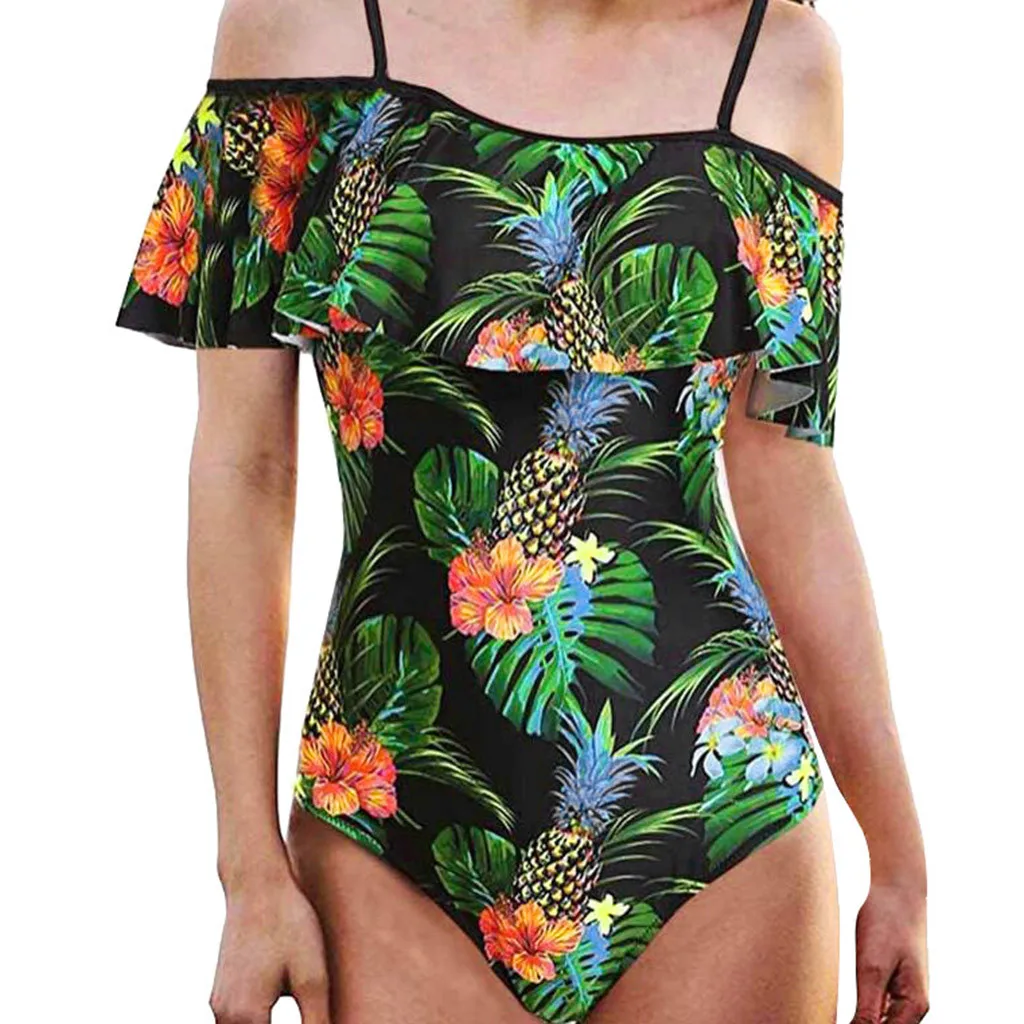 Бикини mujer, женский купальник с оборками, с принтом ананаса, с открытыми плечами, купальник, купальный костюм, накидка - Цвет: Черный