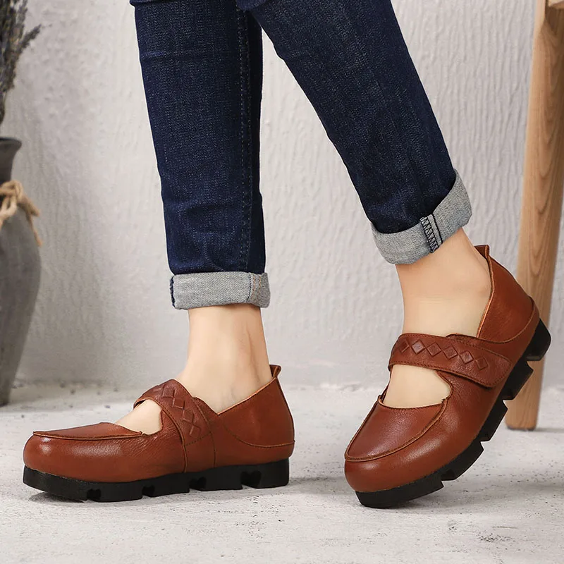 

2019 Spring Round Toes Shoes Woman Flats Retro Lady's Flat Shoe Simple Natural Leather Female Soft Moccasins Shoes