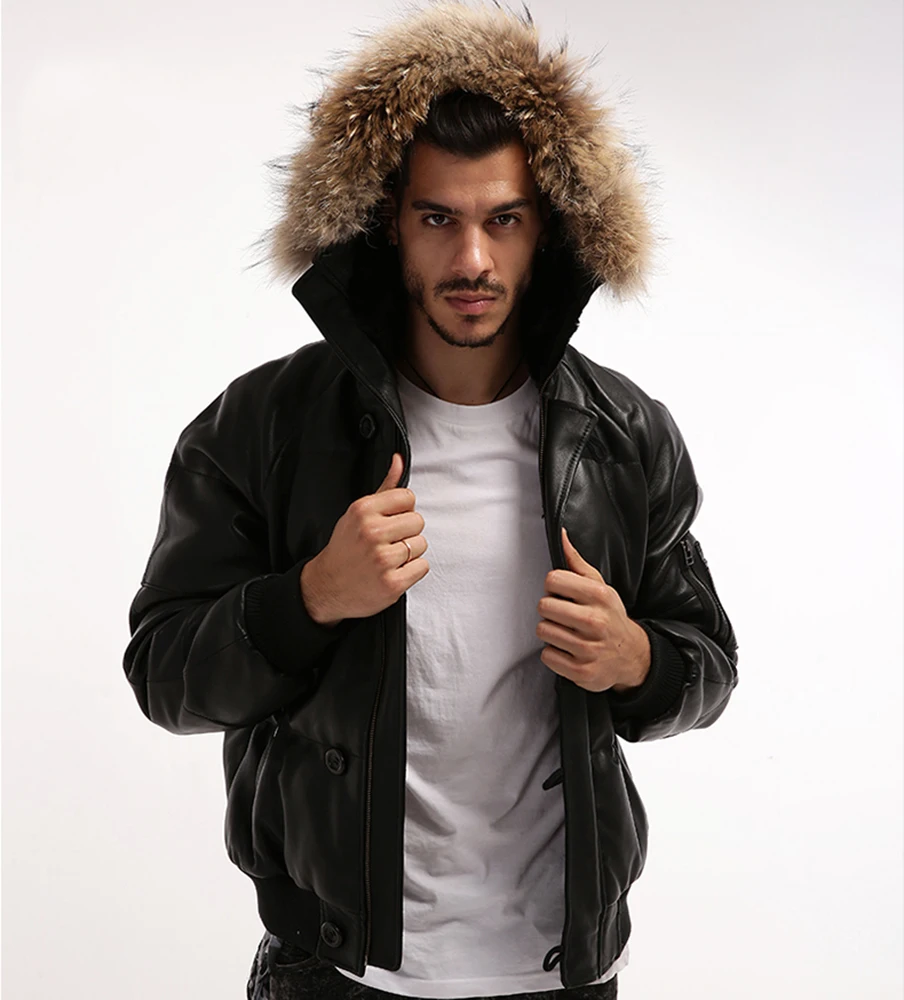 AVIREX Fly Leather Down Jacket Real Fur Genuine Leather Jacket Men Sheepskin Black Winter Coat Hooded Bomber Jacket