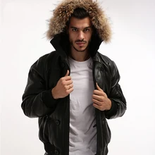 Авирекс Летающий кожаный пуховик натуральный мех натуральная кожаная куртка мужская овчина черное зимнее пальто с капюшоном куртка-бомбер