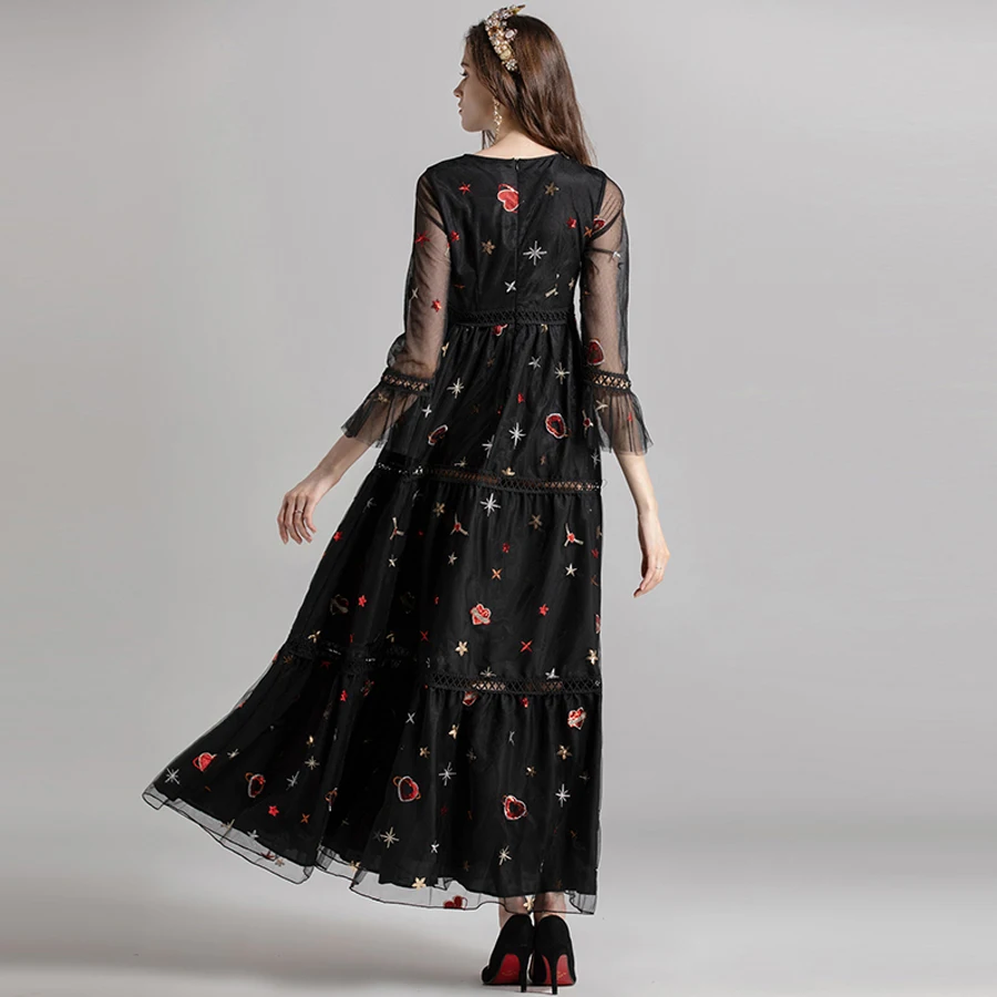 Perles Automne Étoiles Manches De Robe 2018 Plein Femmes Longues Broderie Robes Aeleseen Flare Évider Mode Luxe Coeur YaAwaq