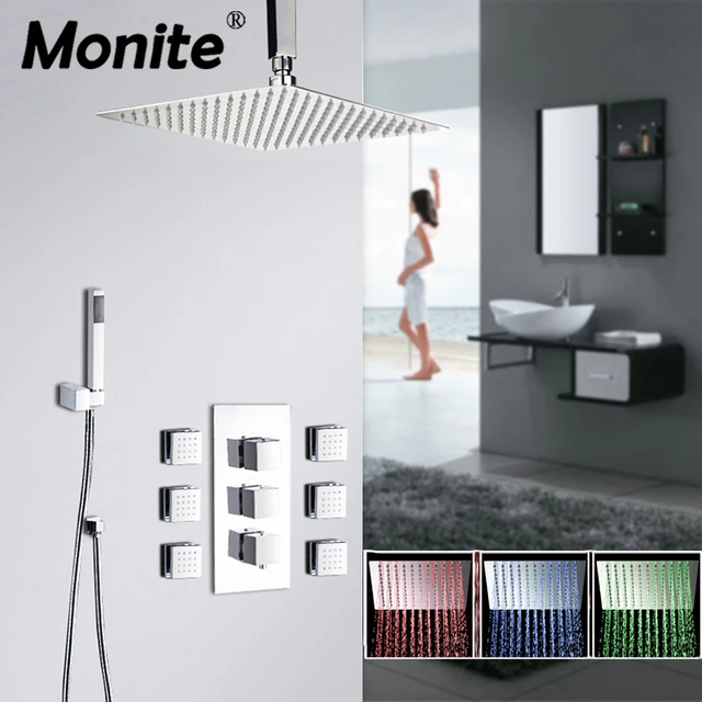 8 12 16 Inch Chrome Br Led Rainfall Ceiling Shower Head Bathroom 8 12 16 Inch Chrome Br Led Rainfall Ceiling Shower Head Bathroom Bathtub Wall Mount Mage Jets Mixer Tap Faucet Set