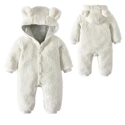Белый супер милый новорожденных мальчиков и девочек мультфильм Медведь Уши теплый флис с длинным рукавом капюшоном комбинезон