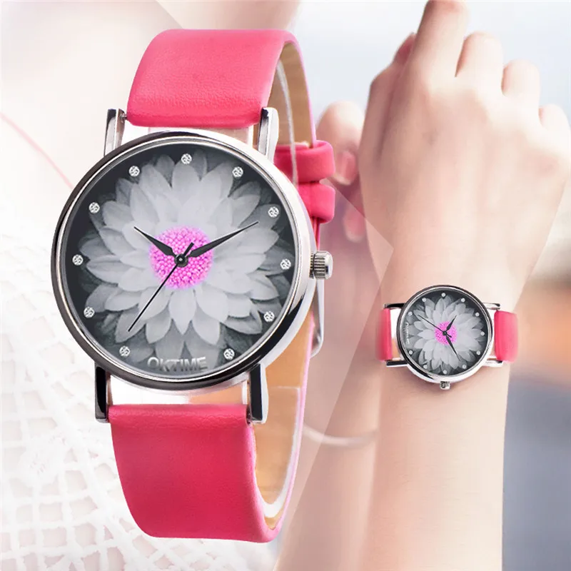 

2019 leather Fashion/luxury Elegant Women Watches Bracelet dress quartz flower Rhinestone Wristwatch for gift relogio feminino