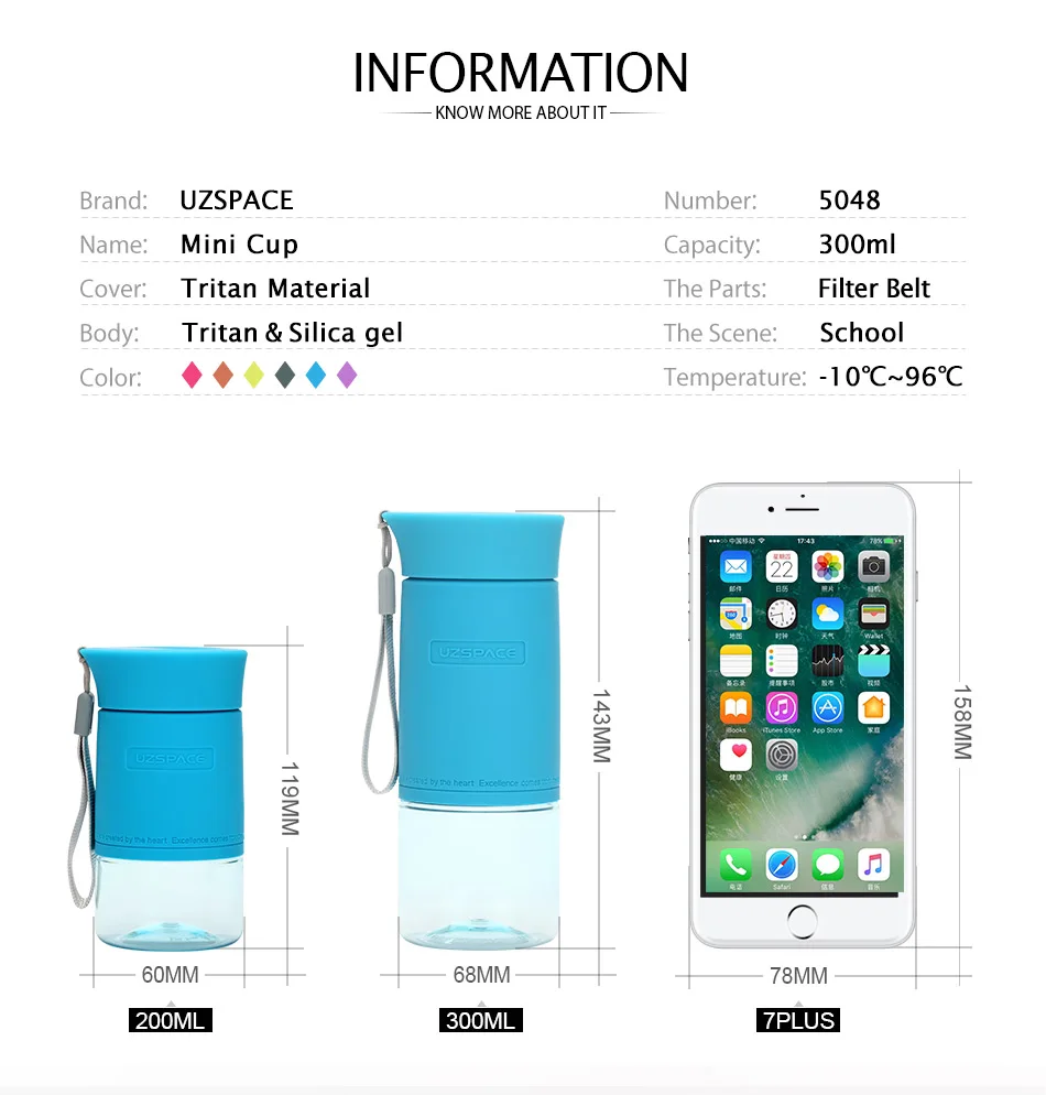 UZSPACE Water Bottles Tritan Material Fashion Portable Lovely Mini Ecofriendly Sports Travel Plastic Drink My Water Bottle 200ML02