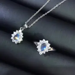 Натуральный лунный камень синего цвета набор, кристалл чистый, кольцо ожерелье, Женская праздничная одежда must-have ювелирные изделия, 925