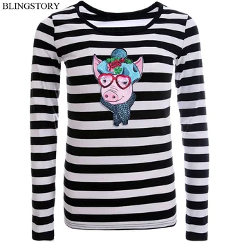

BLINGSTORY Autumn T-shirt Women Basic Stripe Tee Sequin Animal Graphic Plus Size 5XL Long Sleeve Tops XXXXXXL