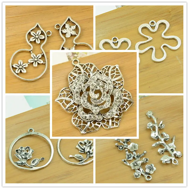 

Hollow flower shape alloy DIY charm pendant carved out antique silver choker bracelet jewerly accessories finding free shipping