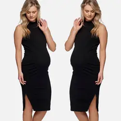 Женское платье без рукавов, однотонное повседневное облегающее платье для беременных, сексуальная открытая вилка, Одежда для беременных