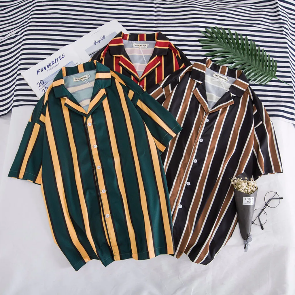 Гавайская Мужская рубашка с коротким рукавом, полосатая рубашка, мужская повседневная Уличная одежда, дышащие пляжные топы, Свободная Повседневная блуза, гавайская рубашка