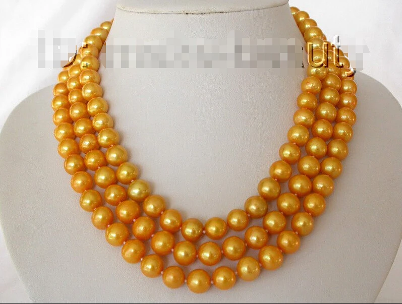 

FREE shipping>>>>stunning super 3rows 10mm round gold freshwater cultured pearl necklace 9K d578 6.07