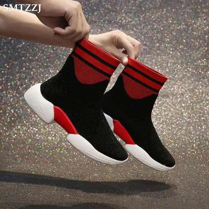 

SMTZZJ Spring Autumn black Red Luxury Fashion Soft Platform Thick Bottom 2019 New Bling Boots Ladies Ankle Flat Shoes Sock Boot