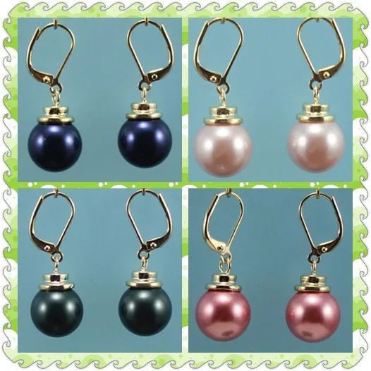 

4 color! Wholesale pure colors 12mm blue/pink/black/red round shell pearl gold plated earrings fashional jewelry