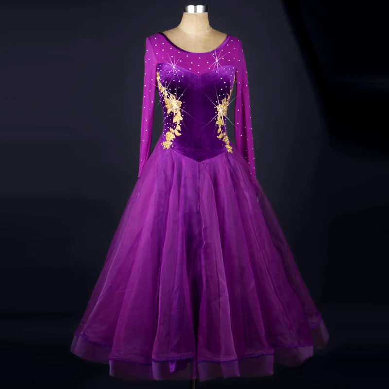 Вальс Танго стандарт фламенко женские платья для конкурса бальных танцев юбки черные с длинными рукавами для девочек - Цвет: Фиолетовый