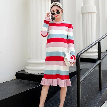 

Maternity Women O-neck Long Sleeve Knit Dress New Moms Loose Fit Ruffles Hem Striped Knitting Pullover Fashion Sweater Dresses