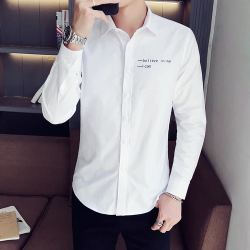 

LOLDEAL Mens Long Sleeve Solid Oxford Dress Shirt Belive I Can Printing Male Casual Regular-fit Tops Button Down Shirts