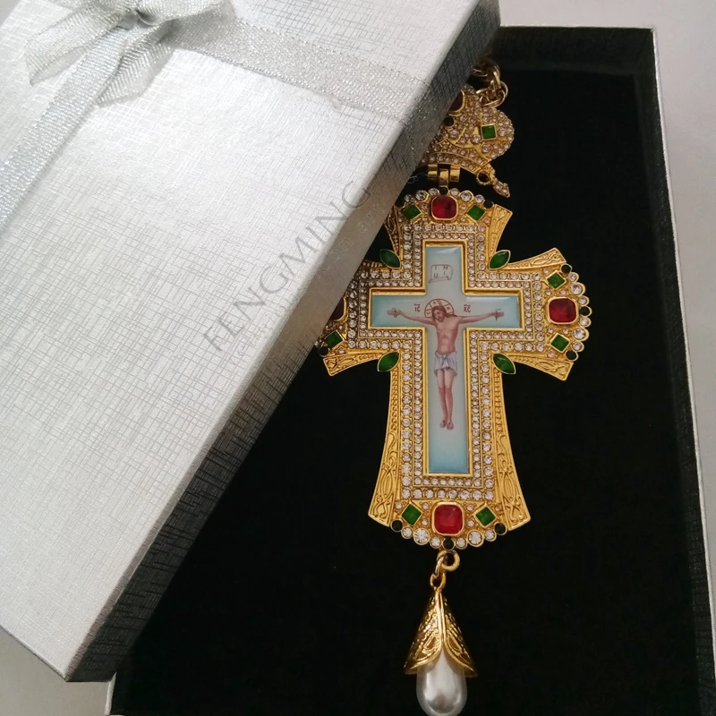 Ортодоксальный крест цепь Позолоченные ювелирные изделия с греческим типом Encolpio Бишоп Encolpion крест для бишопов религиозная икона