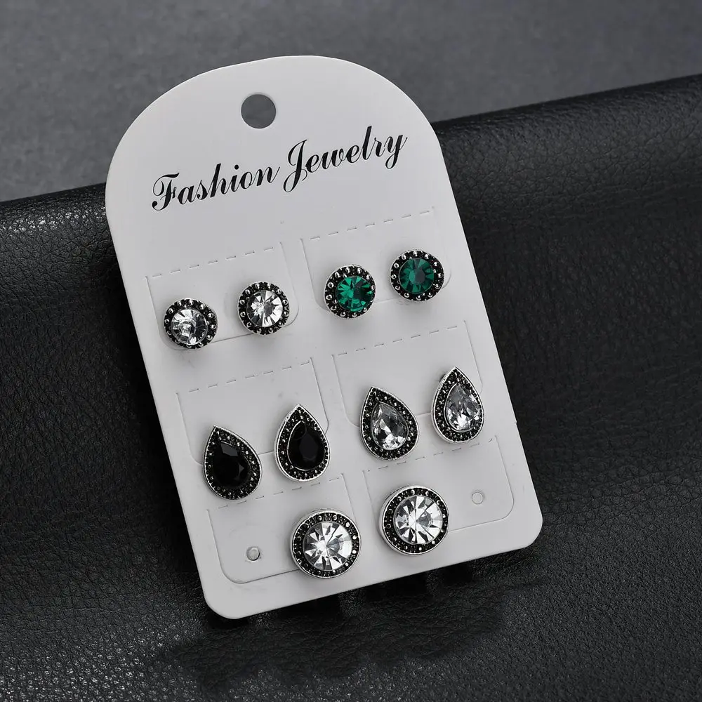 

5 pairs/sets New cross-border products in Europe and America of jewelry, blue, white and black gem crystal bohemian earrings