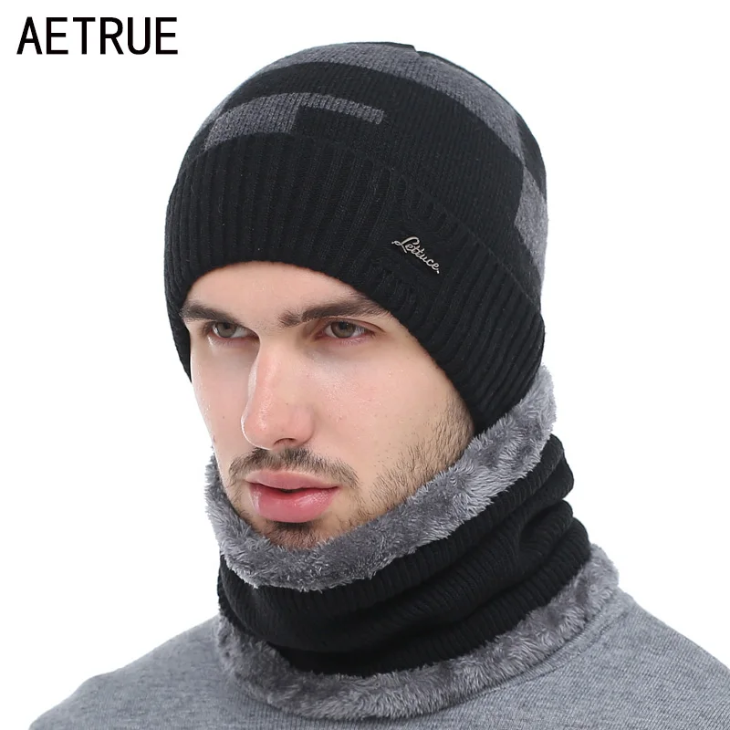 AETRUE плюс зимняя шапка для мужчин зимняя шапочки шарф вязаная шапка мужской капор теплая шерсть толстые шапочки для женщин Шапки