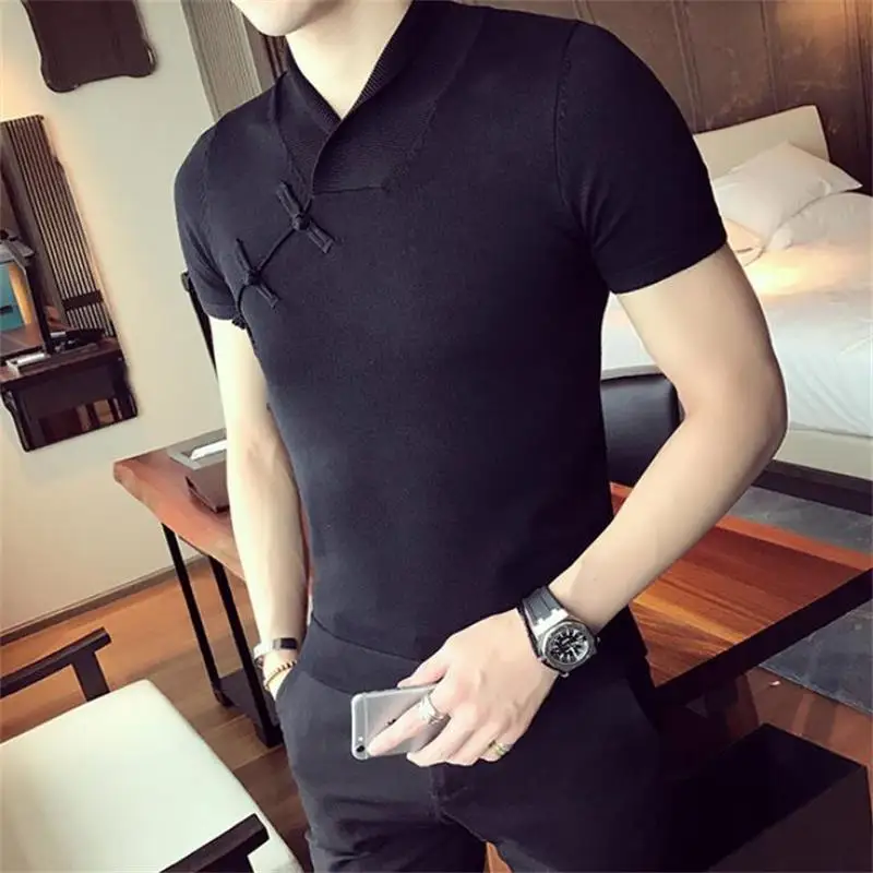 Летняя модная футболка с коротким рукавом и v-образным вырезом в китайском стиле с пуговицами, Мужская футболка, тонкая однотонная мужская футболка