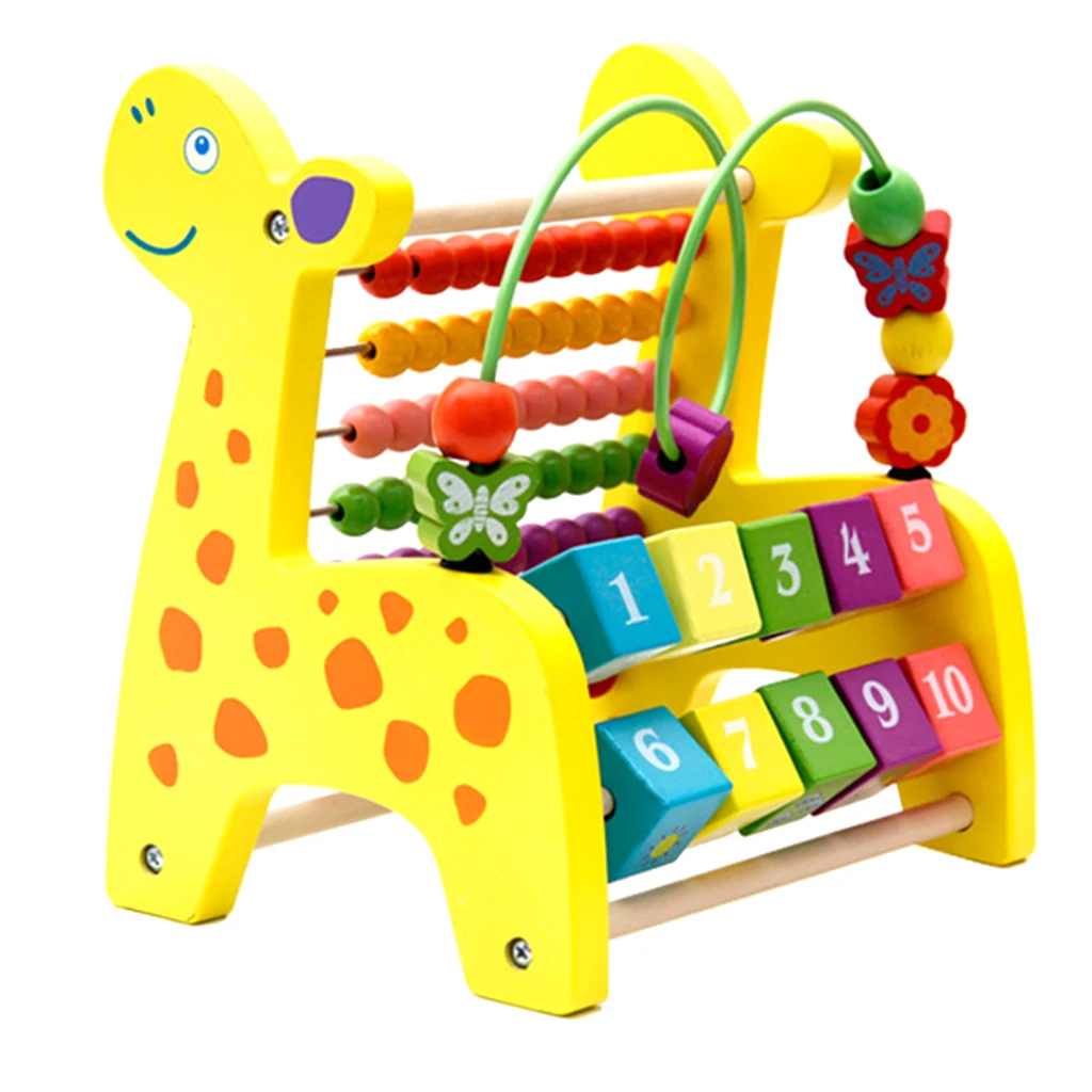 3 in 1 Kid Wooden Fawn Developmental Toy Revolving Number Blocks & Abacus & Beads Maze Puzzle Learning Toddler Toys