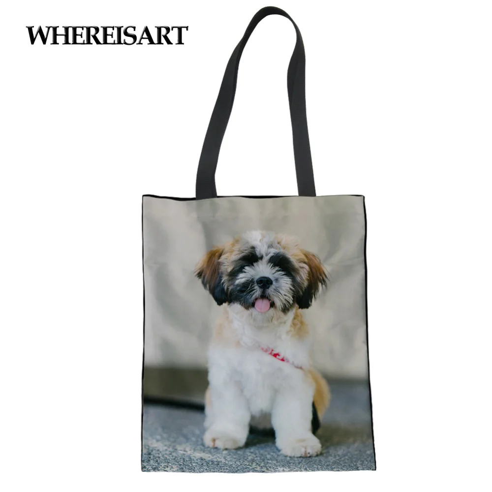 WHEREISART Shih Tzu, женская сумка для покупок с принтом собаки, тканевая сумка-шоппер, повседневная женская сумка на плечо, на заказ, для девочек, для домашних животных, Bolsas De Tela