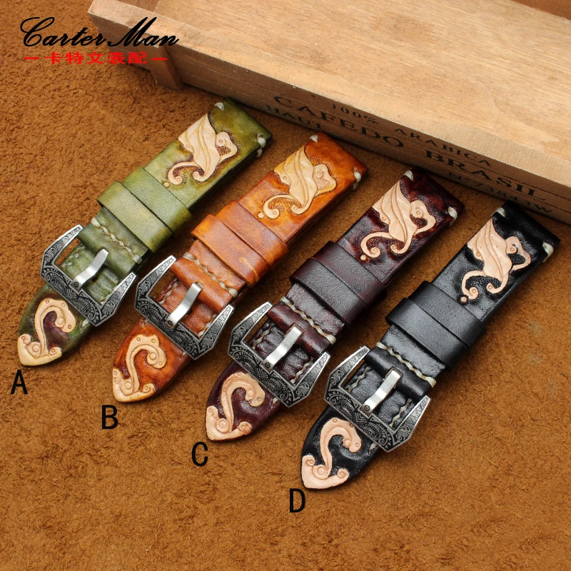 

Fast shipping Retro black dark brown green Leather Watchband 22mm 24mm 26mm Handmade Men's Watch Strap For PAM |SF Send Tool